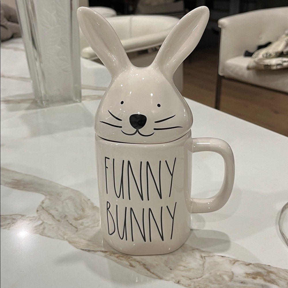 Rae Dunn White 'Funny Bunny' Mug with rabbit head & ears lid and black detail